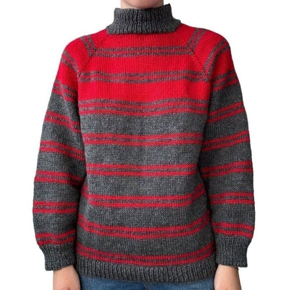 Hand Knit Womens Gray Red Striped Wool Mockneck Oversized Chunky Sweater Sz M - Picture 1 of 6